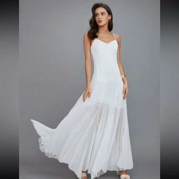 White Satin Bodice Pleated Hem Layered Spaghetti Dress Maxi Dress - Picture 6 of 6